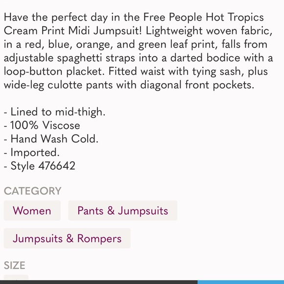 Free People Hot Tropics Cream Print Jumpsuit. Size 2 - Picture 5 of 11